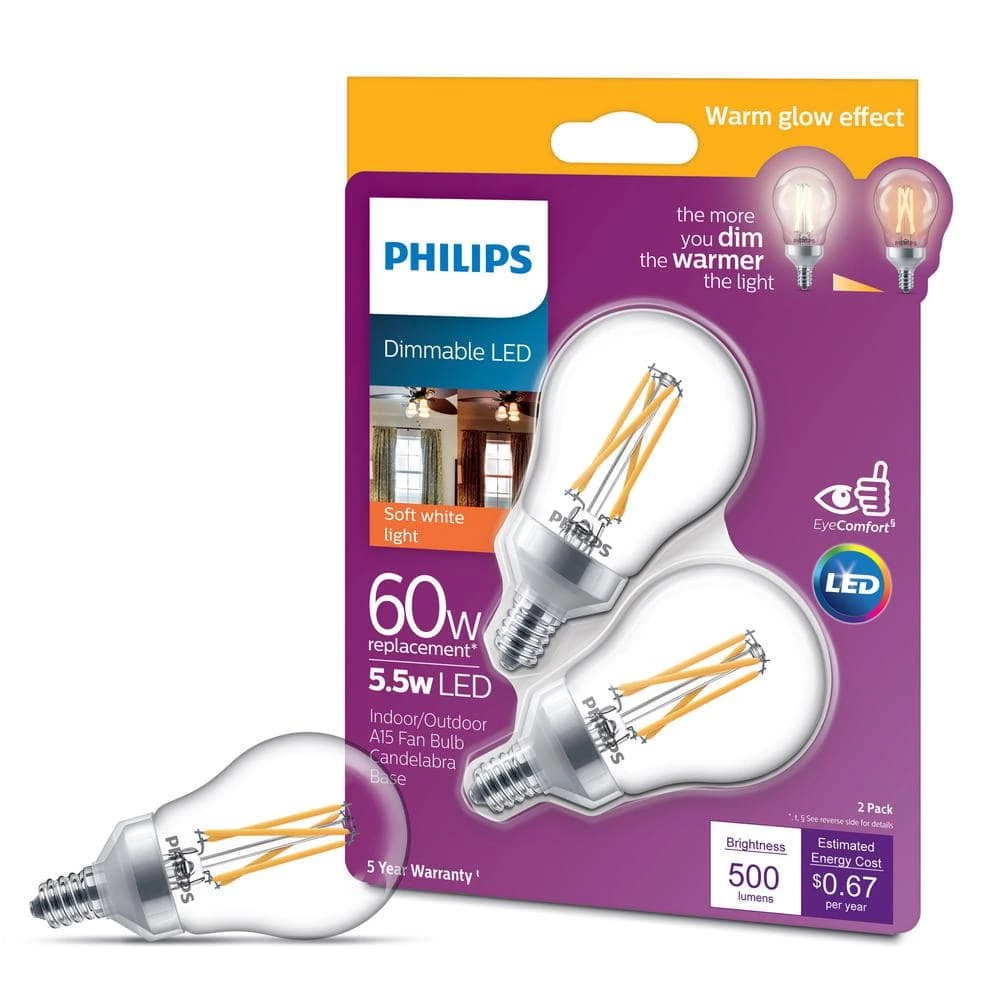 60-Watt Equivalent A15 Dimmable Candelabra Base LED Light Bulb with Warm Glow Dimming Effect Soft White (2-Pack) by Philips - Image 2
