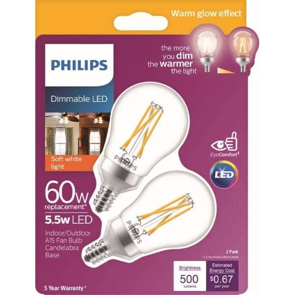 60-Watt Equivalent A15 Dimmable Candelabra Base LED Light Bulb Soft White with Warm Glow Dimming Effect (4-Pack) by Philips - Image 5