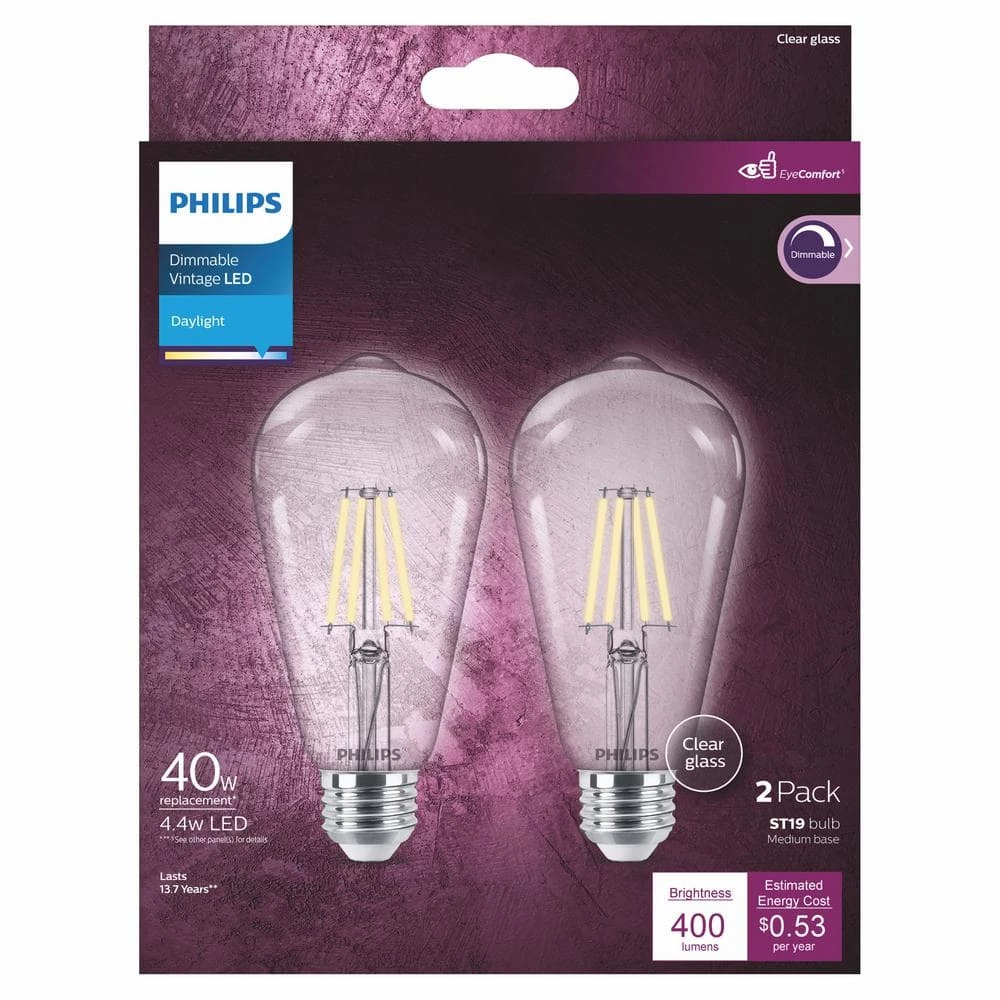40-Watt Equivalent ST19 Clear Glass Dimmable E26 Vintage Edison LED Light Bulb Daylight 5000K (2-Pack) by Philips - Image 5