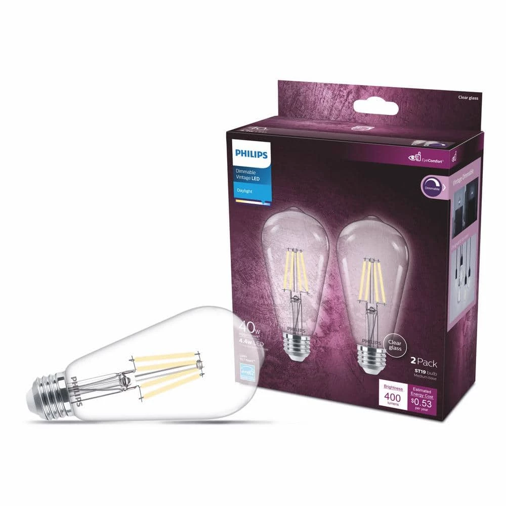 40-Watt Equivalent ST19 Clear Glass Dimmable E26 Vintage Edison LED Light Bulb Daylight 5000K (2-Pack) by Philips - Image 4