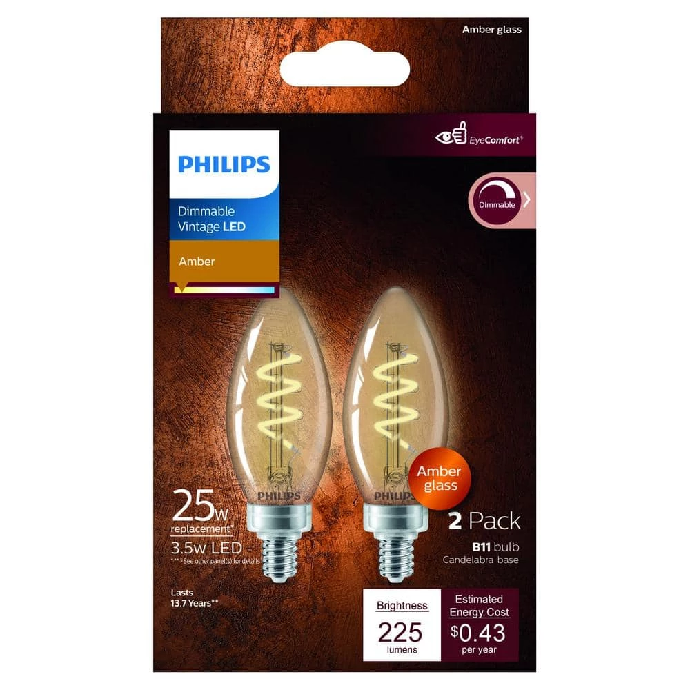 25-Watt Equivalent B11 Spiral Filament E12 Base LED Vintage Edison LED Light Bulb 2000K Amber (2-Pack) by Philips - Image 6