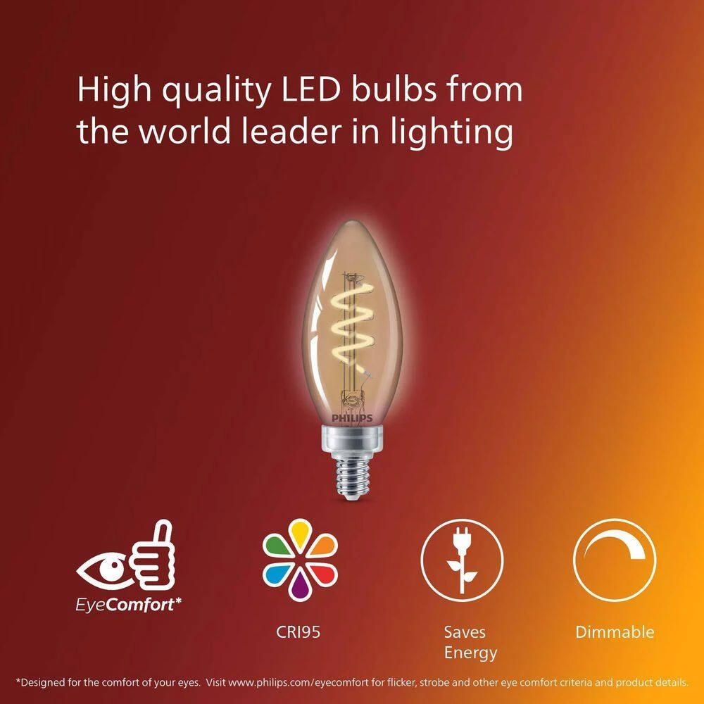 25-Watt Equivalent B11 Spiral Filament E12 Base LED Vintage Edison LED Light Bulb 2000K Amber (2-Pack) by Philips - Image 10