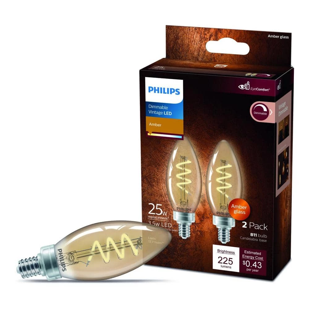 25-Watt Equivalent B11 Spiral Filament E12 Base LED Vintage Edison LED Light Bulb 2000K Amber (2-Pack) by Philips - Image 5