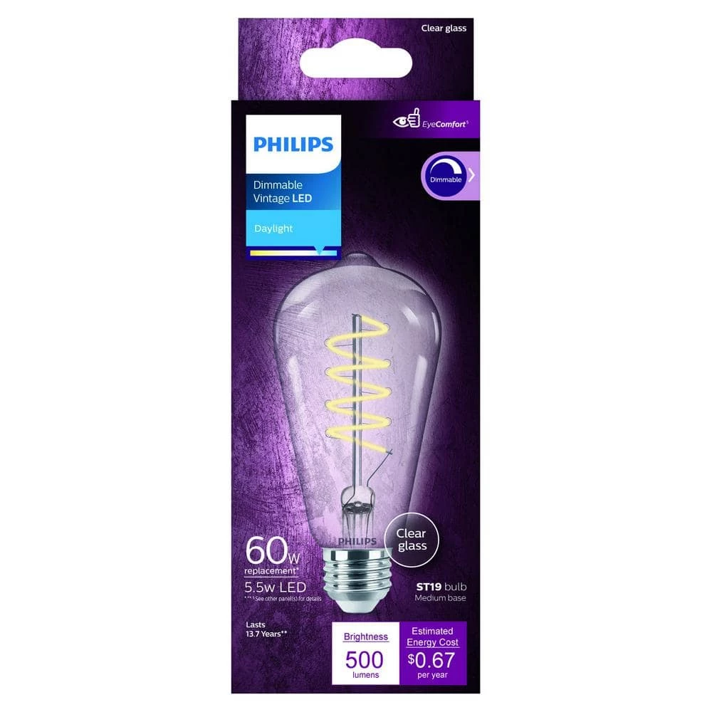 60-Watt Equivalent ST19 Spiral Filament E26 Base LED Vintage Edison LED Light Bulb 5000K Daylight (1-Pack) by Philips - Image 6