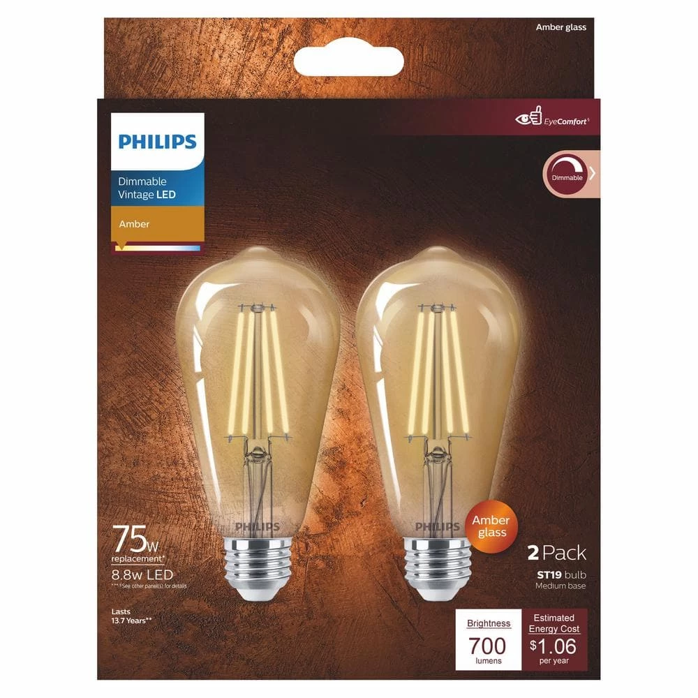 75-Watt Equivalent ST19 Glass Dimmable E26 Vintage Edison LED Light Bulb Amber 2000K (2-Pack) by Philips - Image 5