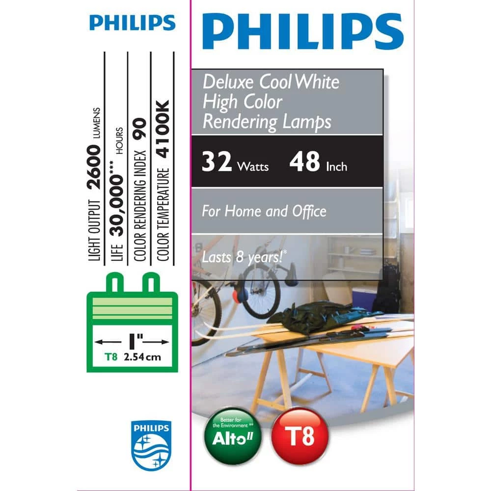 32-Watt 4 ft. Alto Linear T8 Fluorescent Tube Light Bulb, Cool White (4100K) (2-Pack) by Philips - Image 4