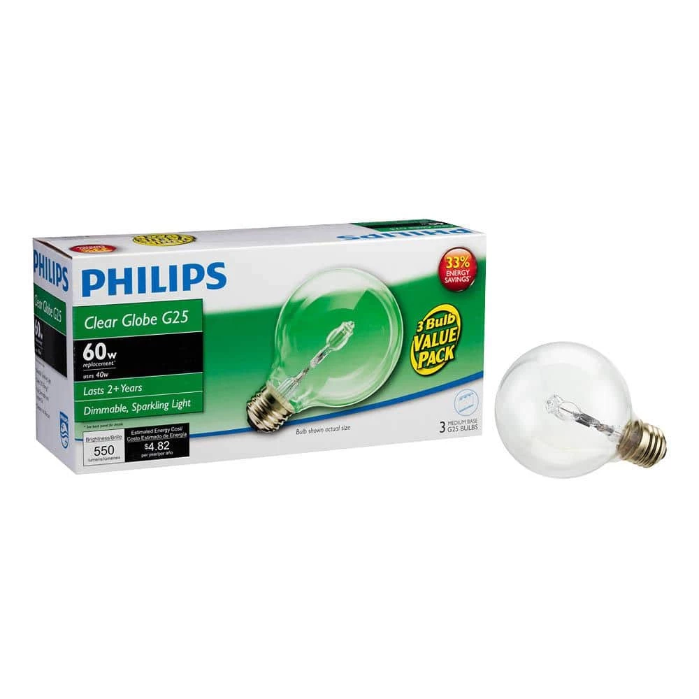 60-Watt Equivalent G25 Halogen Clear Decorative Globe Light Bulb (3-Pack) by Philips - Image 5