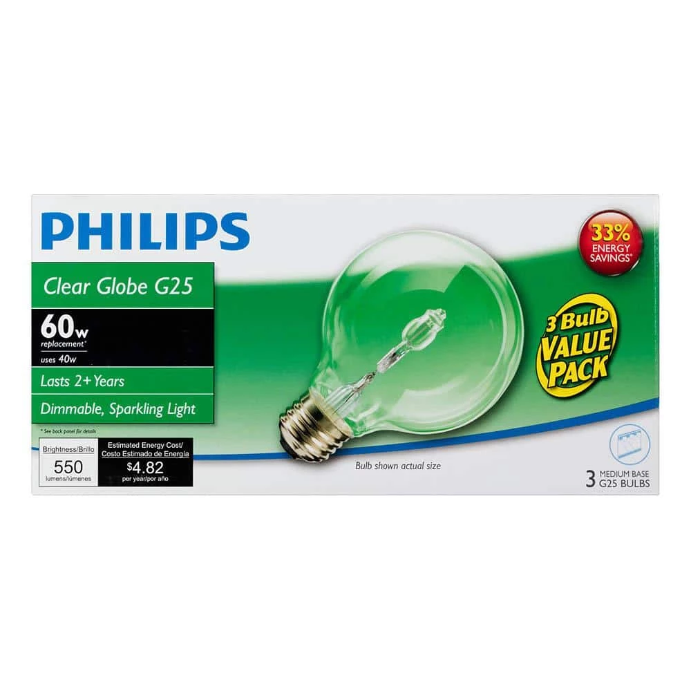 60-Watt Equivalent G25 Halogen Clear Decorative Globe Light Bulb (3-Pack) by Philips - Image 4