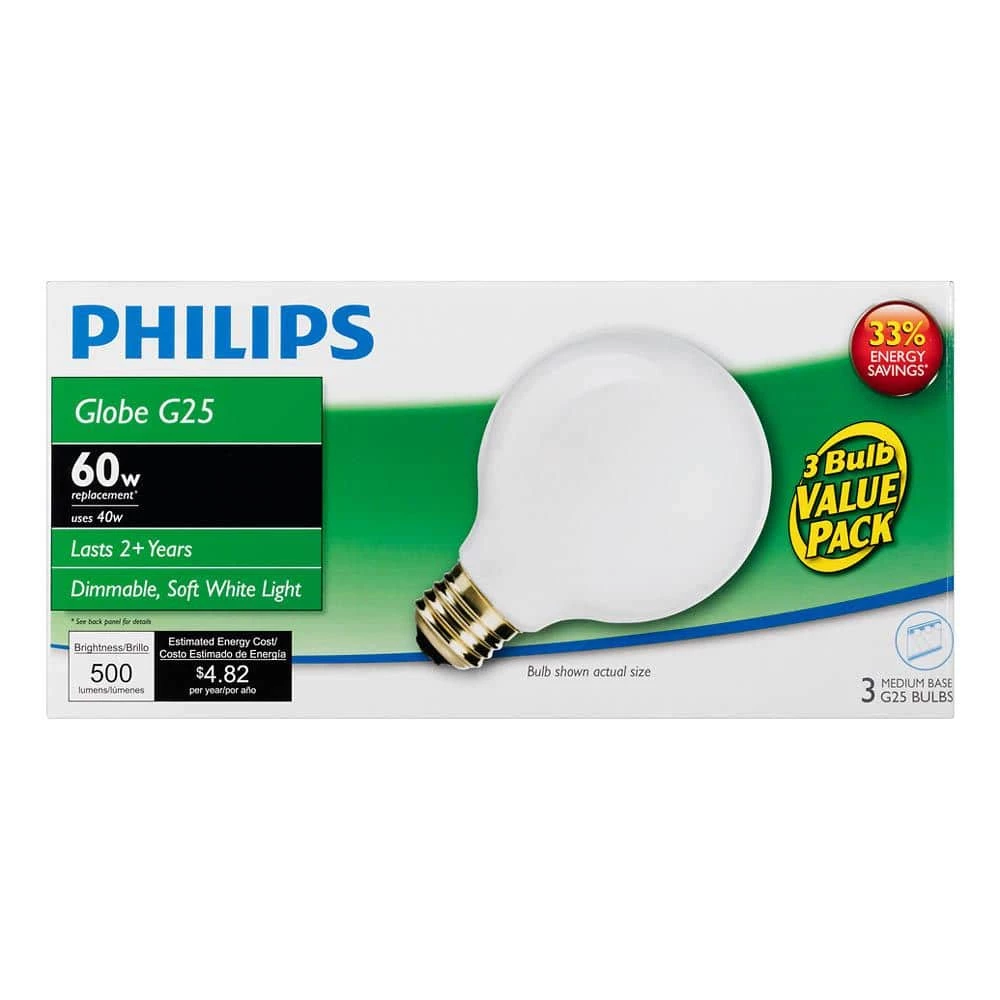 40-Watt Equivalent G25 Halogen White Decorative Globe Light Bulb (3-Pack) by Philips - Image 6