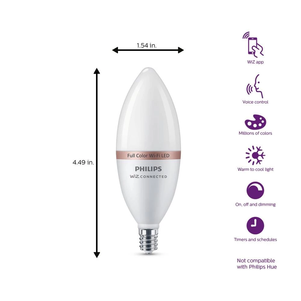 Color and Tunable White B12 LED 40W Equivalent Dimmable Smart Wi-Fi Wiz Connected Wireless LED Light Bulb by Philips - Image 6