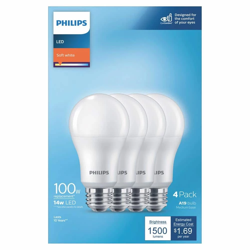 100-Watt Equivalent A19 Non-Dimmable E26 LED Light Bulb Soft White 2700K (4-Pack) by Philips - Image 5