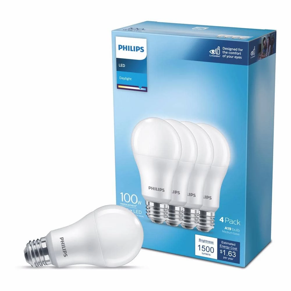 100-Watt Equivalent A19 Non-Dimmable E26 LED Light Bulb Daylight 5000K (4-Pack) by Philips - Image 4