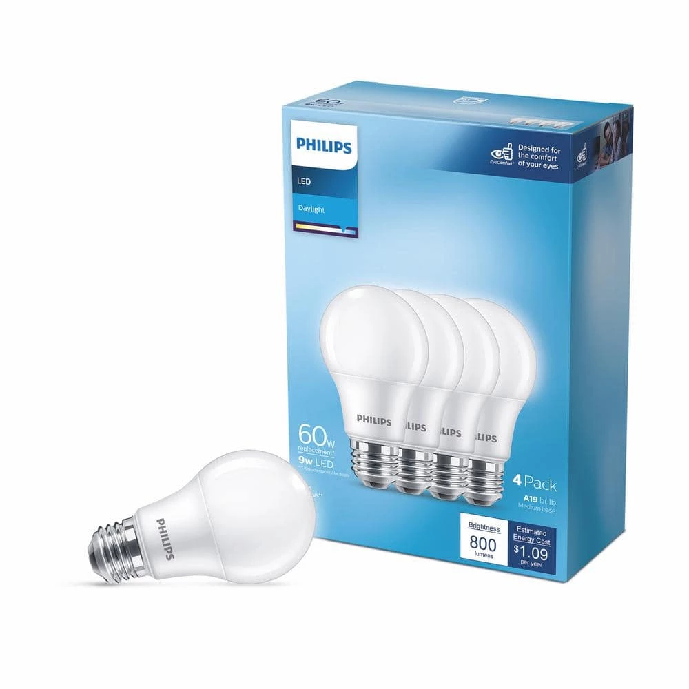 60-Watt Equivalent A19 Non-Dimmable E26 LED Light Bulb Daylight 5000K (4-Pack) by Philips - Image 4