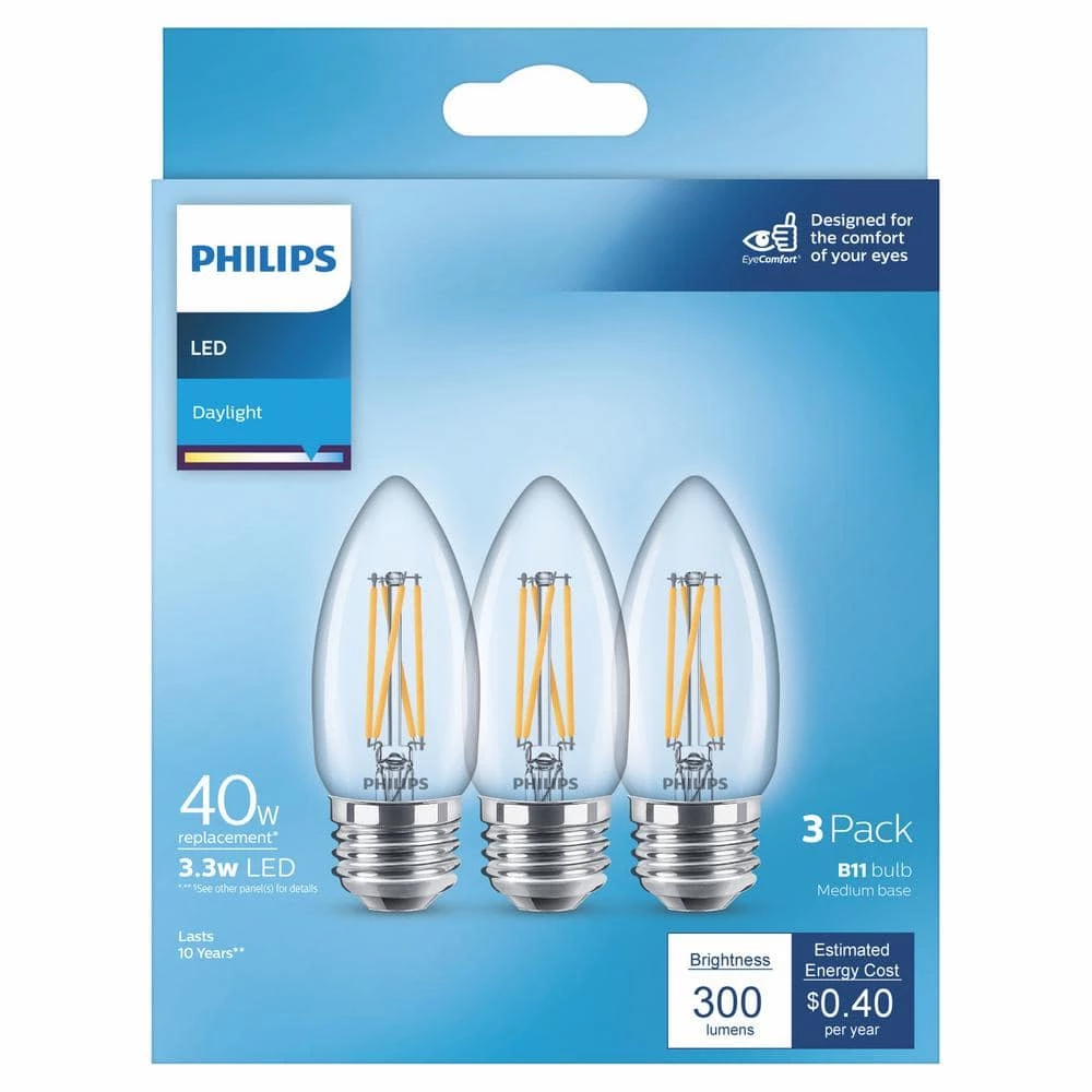 40-Watt Equivalent B11 Clear Glass Non-Dimmable E26 LED Light Bulb Daylight 5000K (3-Pack) by Philips - Image 4