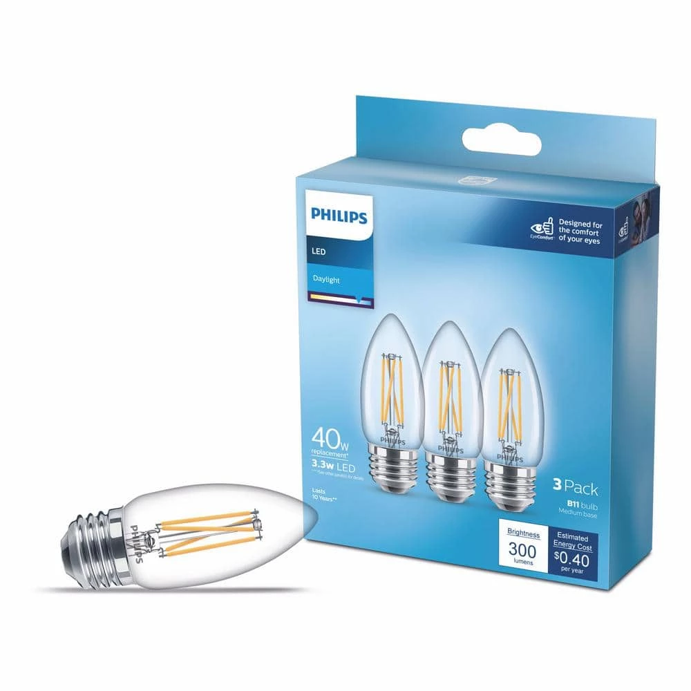 40-Watt Equivalent B11 Clear Glass Non-Dimmable E26 LED Light Bulb Daylight 5000K (3-Pack) by Philips - Image 3