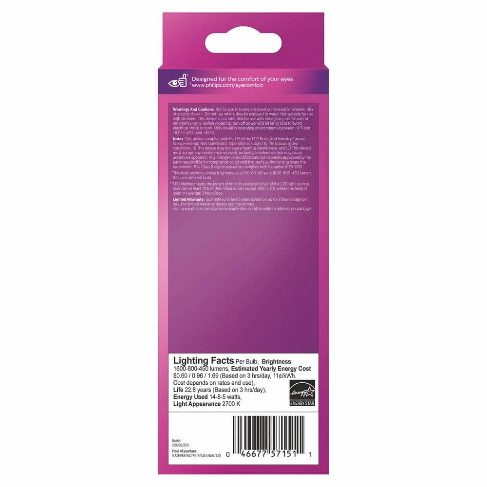 40-Watt/60-Watt/100-Watt Equivalent 3-Way A21 E26 LED Light Bulb Soft White 2700K (1-Pack) by Philips - Image 6