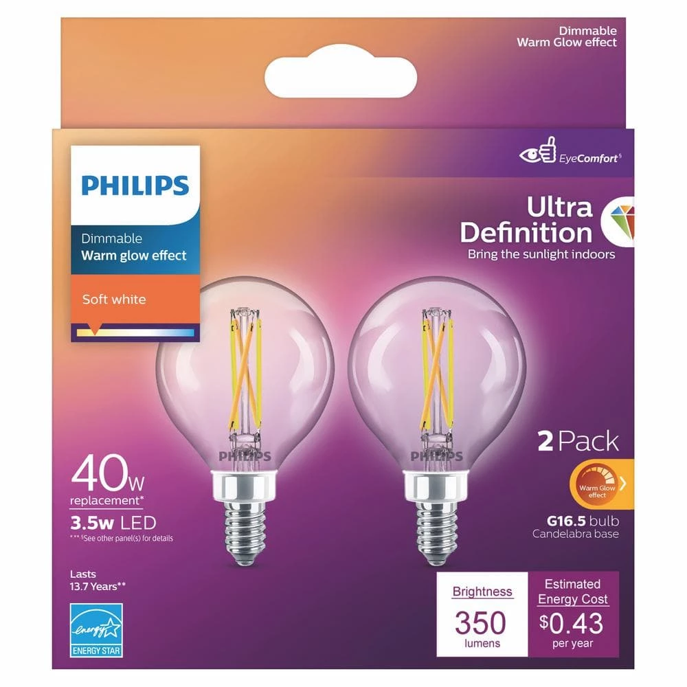 40-Watt Equivalent Ultra Definition G16.5 Clear Glass Dimmable E12 LED Light Bulb Soft White Warm Glow 2700K (2-Pack) by Philips - Image 5