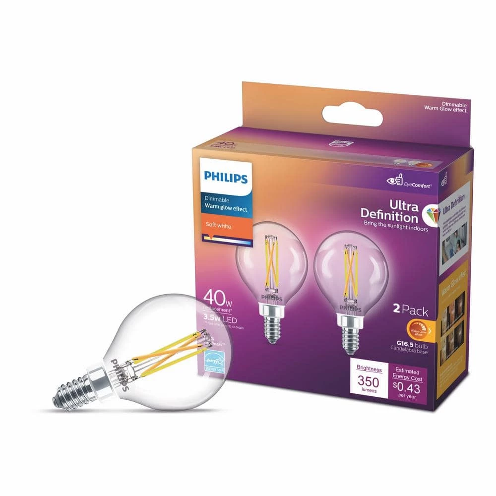 40-Watt Equivalent Ultra Definition G16.5 Clear Glass Dimmable E12 LED Light Bulb Soft White Warm Glow 2700K (2-Pack) by Philips - Image 4