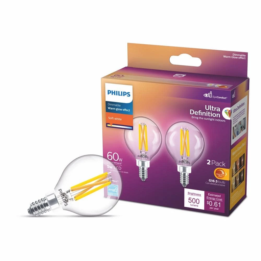 60-Watt Equivalent Ultra Definition G16.5 Clear Glass Dimmable E12 LED Light Bulb Soft White Warm Glow 2700K (2-Pack) by Philips - Image 4