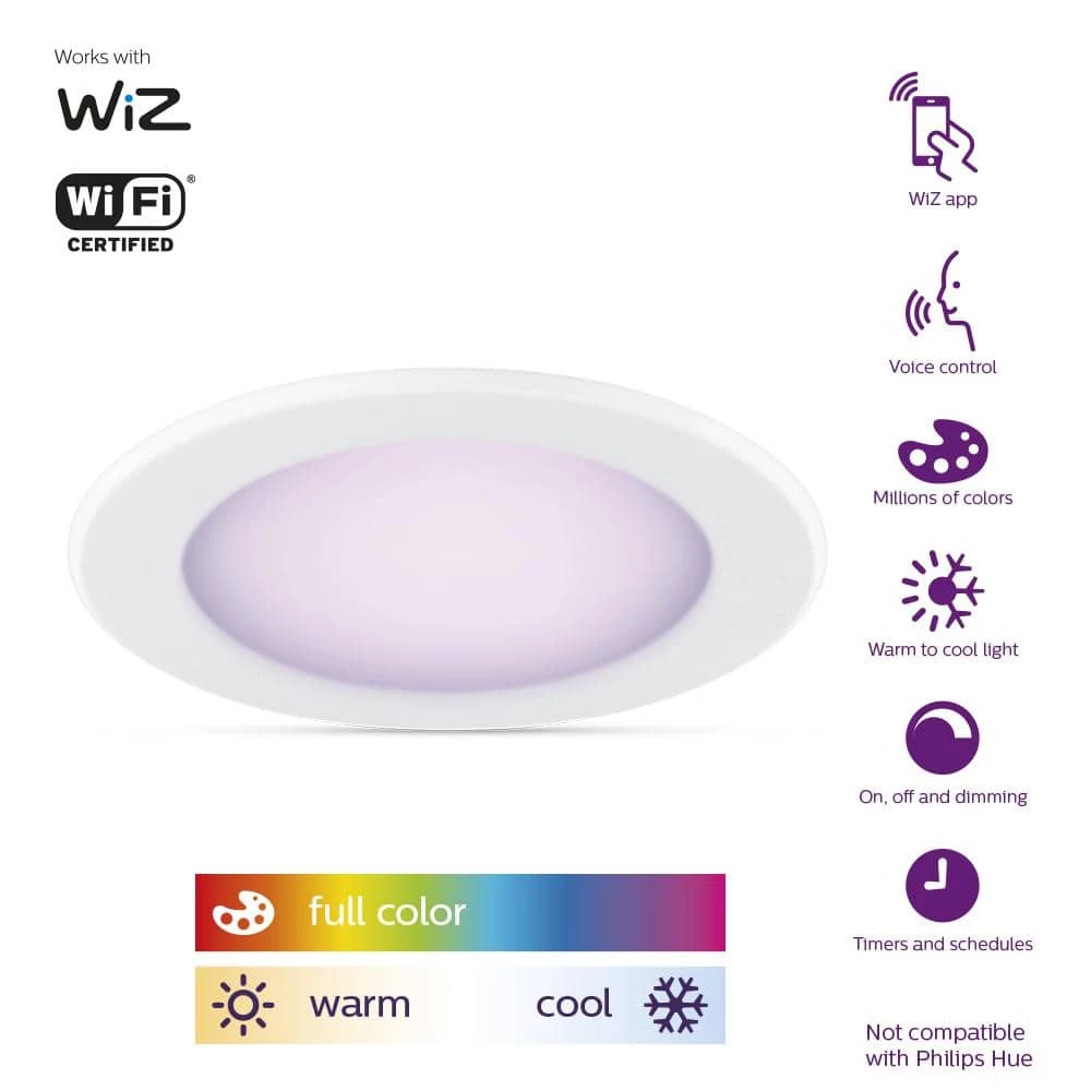 Color and Tunable White 85W Equivalent 5/6 in. Integrated LED Dimmable Smart Wi-Fi Wiz Connected Remodel Downlight Kit by Philips - Image 3