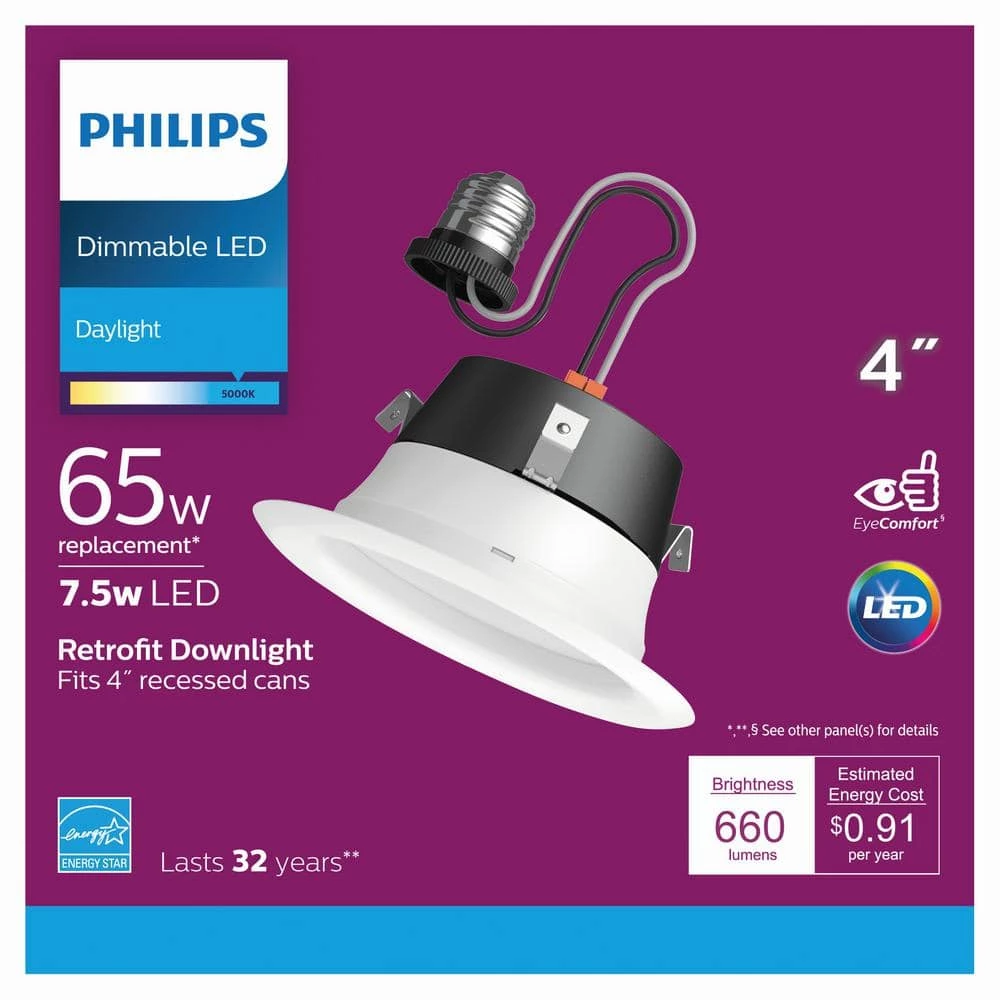 4 in. 5000K 65-Watt Equivalent Dimmable Integrated LED Daylight White Recessed Trim Downlight Flood Light Bulb (6-Pack) by Philips - Image 7